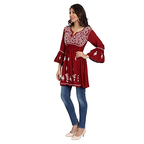 Image of indiankala4u Lucknow Chikankari Hand Embroidered Fit and Flared Top, Short Kurti for Women, Modal Cotton