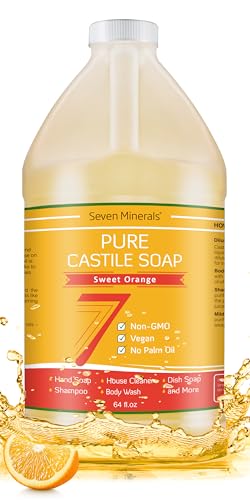 Seven Minerals Pure Castile Soap, Sweet Orange 64oz - No Palm Oil, GMO-Free - Gentle Liquid Soap