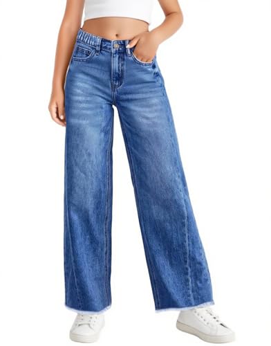 Jeans larges pour filles Haloumoning à taille haute élastique pour enfants de 5 à 14 ans