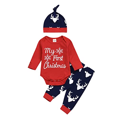 LNL Baby Weihnachtsoutfits Jungen Mädchen Mein erstes Weihnachtskostüme Langarm Rot Plaid Strampler + Weihnachtselch Hosen + Hut 3 Stück 3-6 Monate Cover