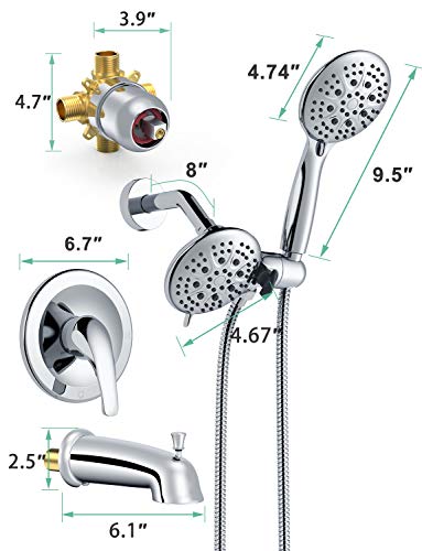 Image of SR SUN RISE Shower System with Tub Spout Rain Shower Tub Set, High Pressure 35-Function Dual 2-in-1 Shower Combo Faucet with Valve, Patented 3-Way Water Diverter in Polished Chrome(Valve Included)