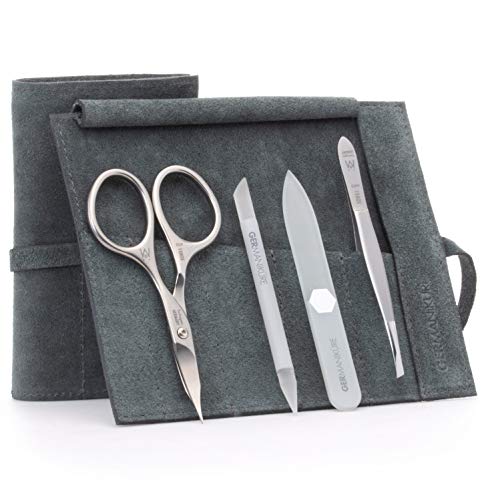 GERMANIKURE 4pc Mini Professional Manicure Set in Light Gray Suede Case – FINOX Stainless Steel Tools Made in Solingen Germany, Glass Nail Care Supplies Made in Czech Republic