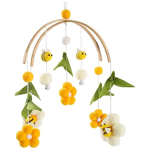 HOVCEH Children's Room Hanging Bed Bell, Mobile Baby Girl Bed Bell Pendant, Mobile Baby Wind Chimes, Mobile Baby Wood + Wool Ball for Baby Bed Boys and Girls Cover
