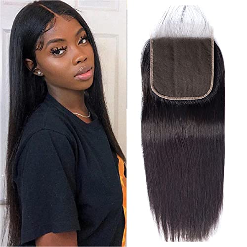 4X4 Lace Closure Human Hair Pre Plucked Bleached Knots Lace Closure Only Transparent Lace Free Part With Baby Hair High Density Straight Peruvian Virgin Natural Hair Grade 9A 1B 12 Inch