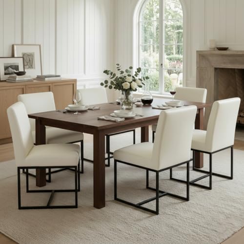 CIMOTA Modern Dining Chairs Set of 6, Leather Dining Room Chairs Upholstered Armless Guest Side Chair with Black Base for Dining Room-Kitchen, Cream 6PCS