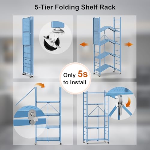 Image of Himix 5-Tier Foldable Storage Shelves with 20 Hooks Wheels Garage Blue