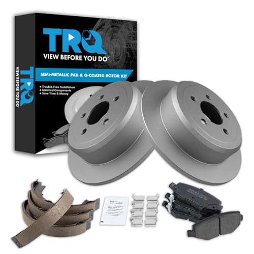 Image of TRQ Rear Brake Pad and Rotor Set Semi Metallic G Coated Rotors Parking Brake Shoe Compatible with 2007-2011 Dodge Nitro 2008-2012 Jeep Liberty