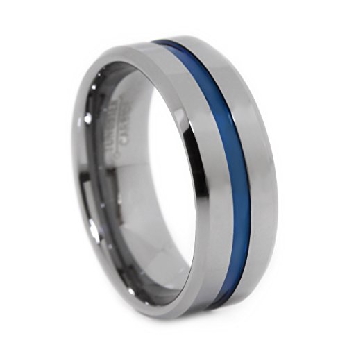 Panvisionary Men's Thin Blue Line Tungsten Carbide Ring Blue IP 8mm Flat Profile with Beveled Edges 12.5