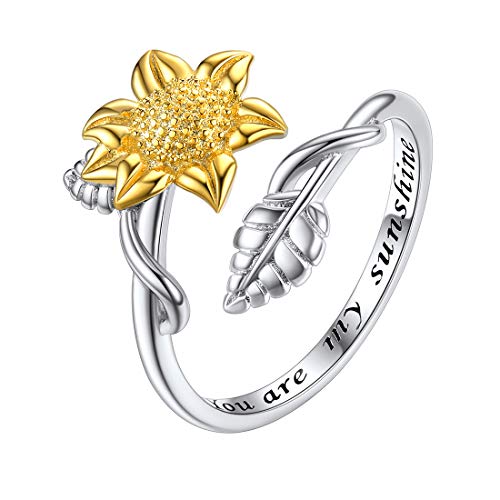 ChicSilver You are My Sunshine Sunflower Rings for Women Sterling Silver Promise Friendship High Polish Comfort Fit Band Ring Adjustable Size 8