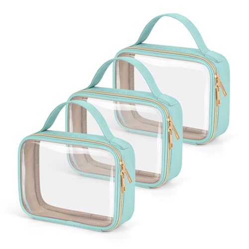 Image of Wedama TSA Approved Toiletry Bag, 3 Pack Clear Makeup Bags with Handles, Quart Size PVC Clear Cosmetic Bags for Women and Men, Carry on Airport Airline Compliant Bag, Cyan Green