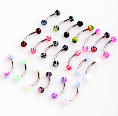 DragonPadColorful Stainless Steel Ball Barbell Curved Eyebrow Rings Bars Tragus Piercing, 20 Piece