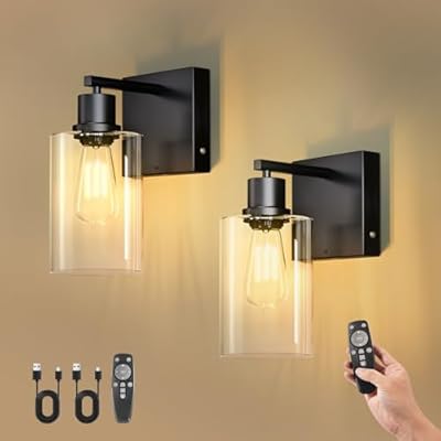 Kimjo Battery Operated Wall Sconce Set of 2 with Remote, Rechargeable Wireless Wall Lights with Dimmable Bulb and Glass Shade, Wall Decor for Bedroom Bathroom Hallway