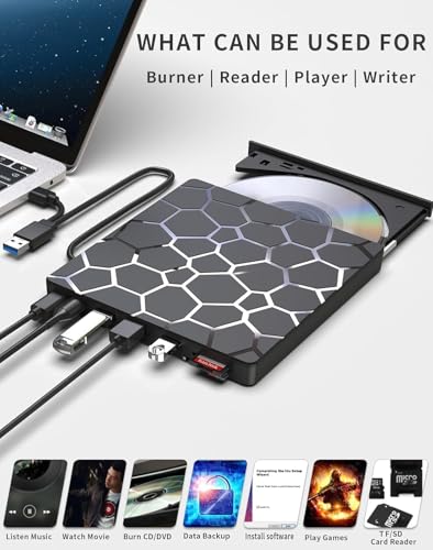 Image of External CD DVD Drive,8 in 1 USB 3.0 and Type-C CD Burner Player Writer with 4 USB Ports and 1 TF /SD Card Slots,Ultra Slim Optical Disk Driver for Laptop Mac PC Windows Linux OS