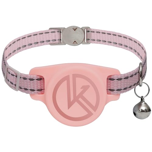 Kitty Kompass Airtag Holder Cat Tracking Collar - Breakaway, Reflective Kitten Collar with Apple Air Tag Holder and Bell for Girl Boy Cats (Pink)