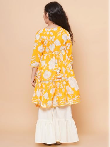 Image of Bitiya by Bhama Girls Yellow Floral Printed Angrakha Gotta Patti Pure Cotton Kurta with Sharara(TKS133)