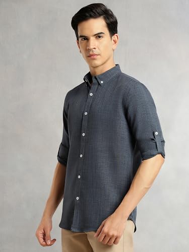 Image of Thomas Scott Men's | Solid | Textured Fabric | Full Sleeve | Slim Fit | Polyester-Blend | Spread Collar | Casual Shirt