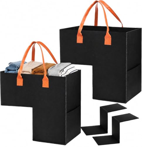 Image of Yopay 2 Pack Stair Basket with Leather Handle, Upgraded Foldable Step Basket Bins for Stairs, Felt Staircase Storage Organizer with Supporting Insert for Carpeted Wooden Stair, Book, Clothes, Computer