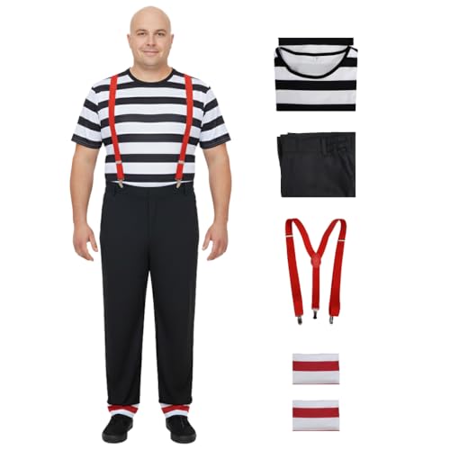 Tvnxdgl Tweedle Dee and Tweedle Dum Costume Mens Striped T-shirt Pants Set with Suspenders Wonderland Cosplay Outfits XL