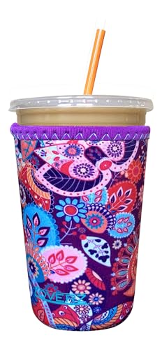 Image of Iced Coffee Sleeve, Insulated Neoprene Cup Sleeve, Fits a 24 Oz. Coffee Cup, Washable and Reusable, Iced Coffee Accessories, Medium Paisley
