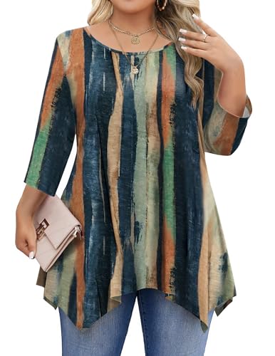 IN'VOLAND Plus Size Tunic Tops for Women 3/4 Sleeve Shirts Round Neck Blouses Dressy Loose Fit Fall Outfits Multicolor