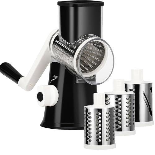 Retronz Rotary Cheese Grater – Vegetable Slicer & Shredder with 3 Stainless Steel Blades, Strong Suction Base – Kitchen Drum Grater Tool for Parmesan, Carrot, Cucumber, Nuts & Chocolate