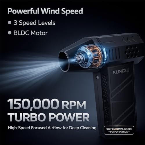 Image of KUNCHI Cordless Portable Air Blower | 8000mAh Rechargeable Battery | 150000 RPM Voilent Fan | High-Speed BLDC Motor | 3 Speed | Small LED | USB Type-C | Cleaning for Car, Laptop Sofa & Home (X6 PRO)