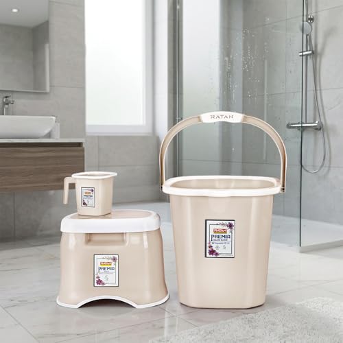 Image of RATAN PLASTICWARE Premia Bathroom Set (Bucket 25L X 1) + (Mug 1.5L X 1) + (Small Stool X 1) - Desert Rose|Light Weight and Easy to Carry|Perfect for Use in Bathrooms, Kitchen & Wet Utility Areas