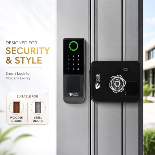 Image of Hawkvision Smart Lock Edge | Digital Rim Lock for Wooden & Metal Doors | 30-55mm Thickness |6-in-1 Unlock - Fingerprint, PIN, RFID, App, OTP & Manual Key | Remote Unlock via OTP |2-Year Brand Warranty