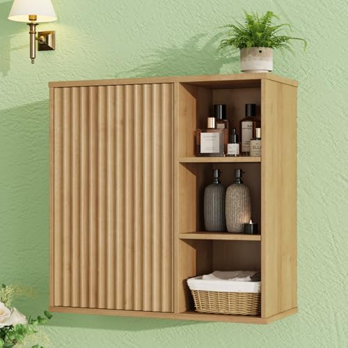 Image of FiveWillowise Fluted Bathroom Wall Cabinet, Small Medicine Wall Cabinet with Doors and Adjustable Shelves, Kitchen Wall Mounted Storage Cabinet, Floating Space Saver Over Toilet, Natural