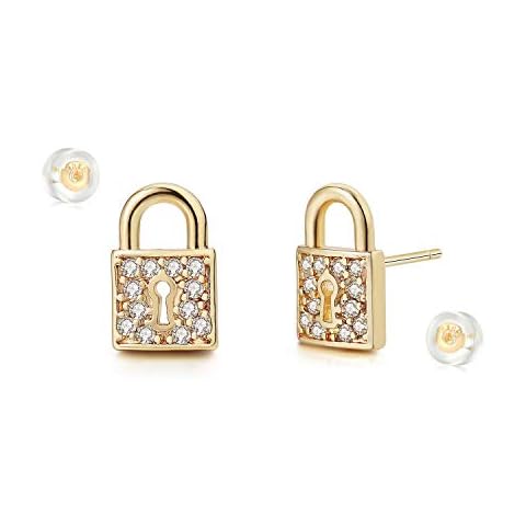 MYEARS Women Lock Earrings Gold Stud Diamond CZ 14K Gold Filled Tiny Boho Beach Simple Delicate Handmade Hypoallergenic Jewelry Gift Cover