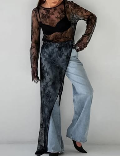 Perbai Vestido feminino de malha de manga comprida com gola redonda transparente e bainha assimétric