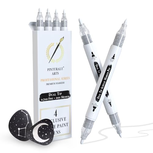 Pinturale Arts White Paint Pen | Set 4 White Acrylic Paint Pen Dual Tip (Fine 0 7mm and Medium 3mm) For Black Paper Ceramics Stones Glass Wood Canvas