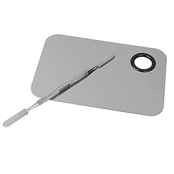 Angelie Stainless Steel Womens Professional Cosmetic Makeup Mixing Plate with Spatula Tool (Silver)