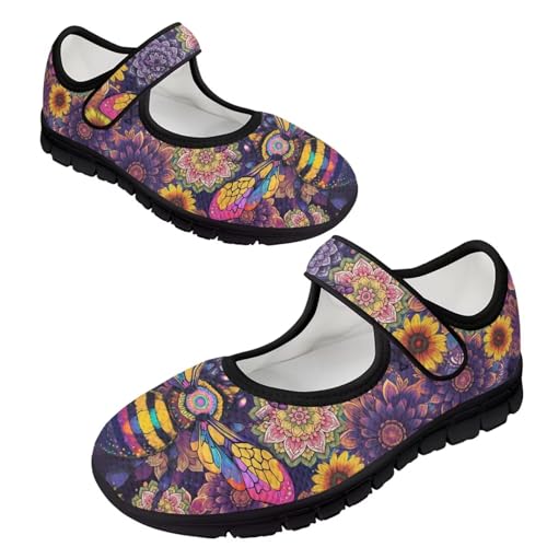 JoyLamoria Mary Jane Flats Comfortable Womens Walking Shoes Round Toe Lightweight Orthotic Shoe with Arch Support - Art Bee Flower Pattern