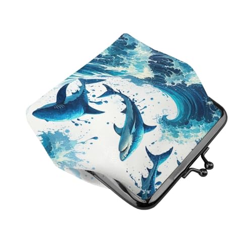 Pu Leather Buckle Coin Purse Marine-Sharks-Swirling-Ocean-Waves Girls Kiss-Lock Change Purse Wallets3