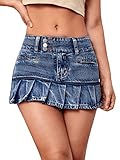 Verdusa Women's Y2K Low Waist Ruffled Pleated Denim Mini Skirt Blue XS