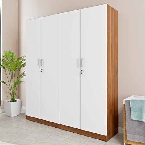 Image of VIKI Wardrobe |Wooden Almirah for 4 Door Fully Shelves Wardrobe (Walnut |White - 40D x 160W x 180.8H) | 1 Year Warranty | Free Assembly