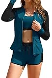 SHEKINI Damen 3-teilige Rash Guard Langarm Bademode Reißverschluss Badeanzug mit Bikini Top mit Seil Elastische Boyshorts
