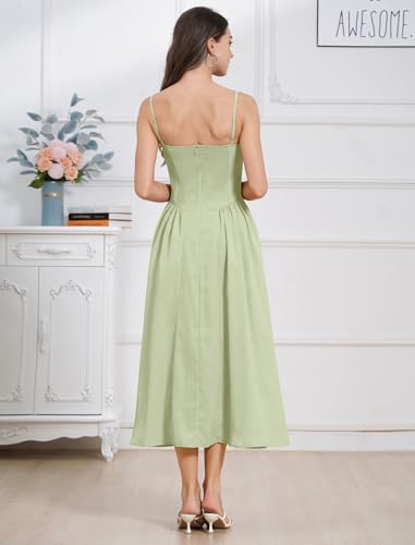 Image of ABEHIK Casual Dresses for Women Boho Spaghetti Strap Corset Midi Dress with Pockets Low Cut Flowy Pleated Bustier Sundress