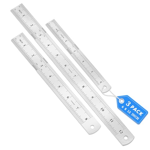 CHAYUFUN 3 Pack Stainless Steel Ruler Set, 6, 8, 12 Inch Metal Rulers, Steel Rulers Metric Ruler, Easy to Read, mm, Sturdy and Durable Straight Edge for Drawing, Home, Office, Engineering