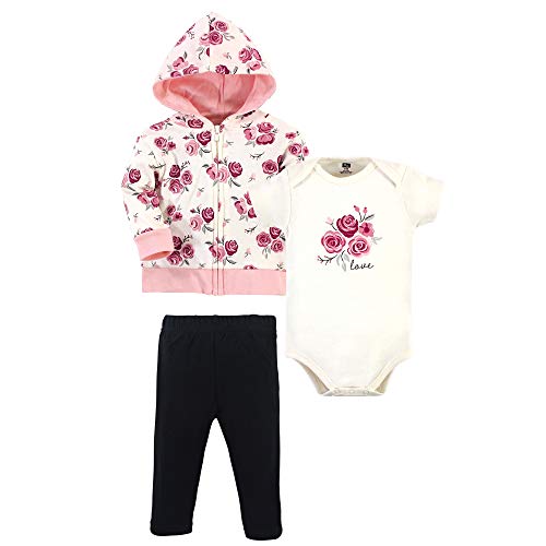 Hudson Baby Unisex Baby Cotton Hoodie, Bodysuit or Tee Top and Pant Set, ROSE BABY, 9-12 Months