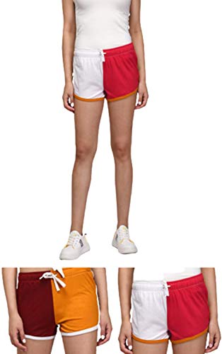 Image of KOTTY Cotton Lycra Multicolored Solid Women Night Short - Pack of 2 (WhiteRed&Yellow Maroon)