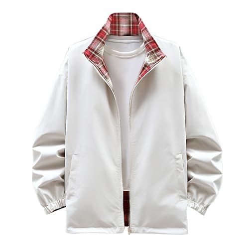 Image of Reversible Jacket Unisex Zip Up Plaid Shirt Men Women Autumn Winter Warm Mid Season Long Sleeve Flannel Shirt Lapel Collar Shirt Large Size Casual Overshirt Oversize, #01-khaki, 3XL
