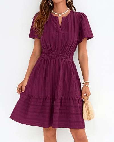 BTFBM Womens Spring 2026 Casual Mini Dresses Lightweight Short Sleeve V Neck Elastic Waist Cute Boho Beach Dress Pockets(Burgundy, Medium) — view 6