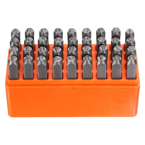 Image of sourcing map 36pcs Metal Stamping Kit 1/4" (6mm) Steel Uppercase Letter and Number Punch Set (A-Z / 0-8 / "&" Symbol) Punch Press Tool with Case for Imprinting Metal Plastic Wood Leather