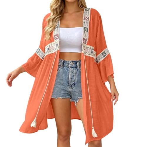 Kimono de plage élégant avec bordure en dentelle brodée fluide