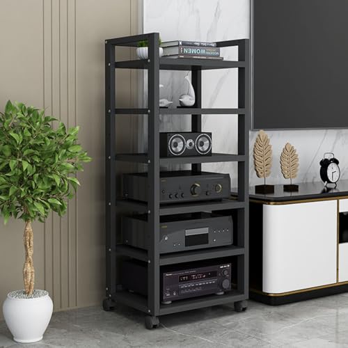 Modern AV Component Cabinet, 4/5/6-Tier Movable Media Stand DVD CD Player Stand Open Storage Stereo Rack Audio Tower with Height Adjustable Wooden Shelf for Home Office Theater (Color : 6 Tier, Size