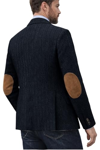 DRCUIVS Men's Herringbone Tweed Blazer Elbow Patch Business Casual Sport Coat Notch Lapel Single Breasted Tailored Suit Jacket for Wedding Travel Thanksgiving Dinner Party Dark Blue X-Large