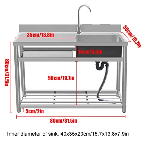 Commercial Restaurant Sink Utility Sink Stainless Steel Free-Standing Kitchen Sink Set Single Bowl W/ Faucet & Drainboard For Laundry Garage Camping 80X50X80Cm/31.5X19.7X31.5In Right #TOP1