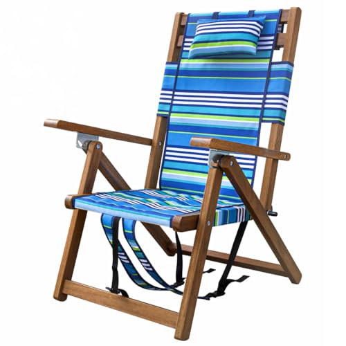 Melino Wooden Folding Outdoor Chair 3-Position Reclining Beach Sling w/ Pillow Zipper Pouch Carry Strap Acacia Wood Frame for Patio Lawn Garden Pool 225 lbs Support - Portable Lounge Stripe